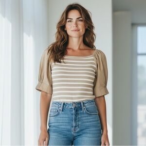 NWT J.Crew Vintage Rib Puff Sleeve Top – Tan/Ivory Stripe, Size S